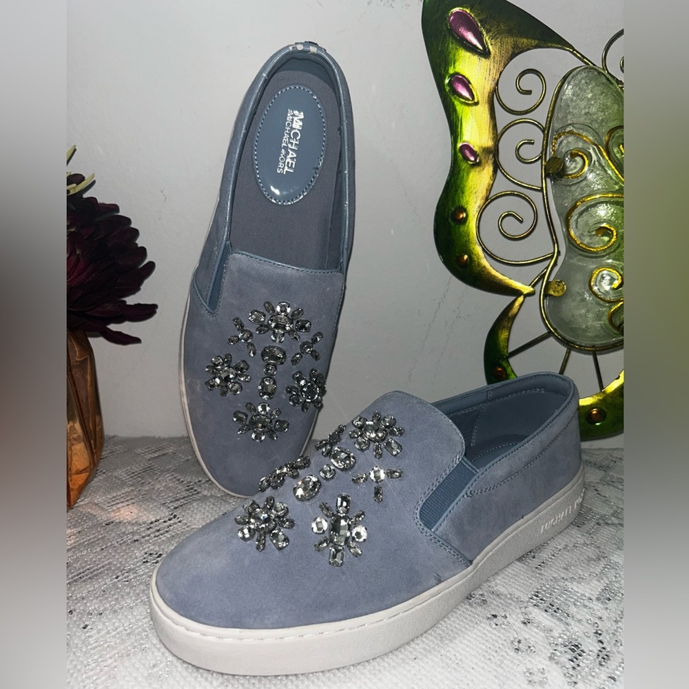 MICHAEL KORS Pale Blue Keaton Embellished Suede Leather Slip-On Sneaker